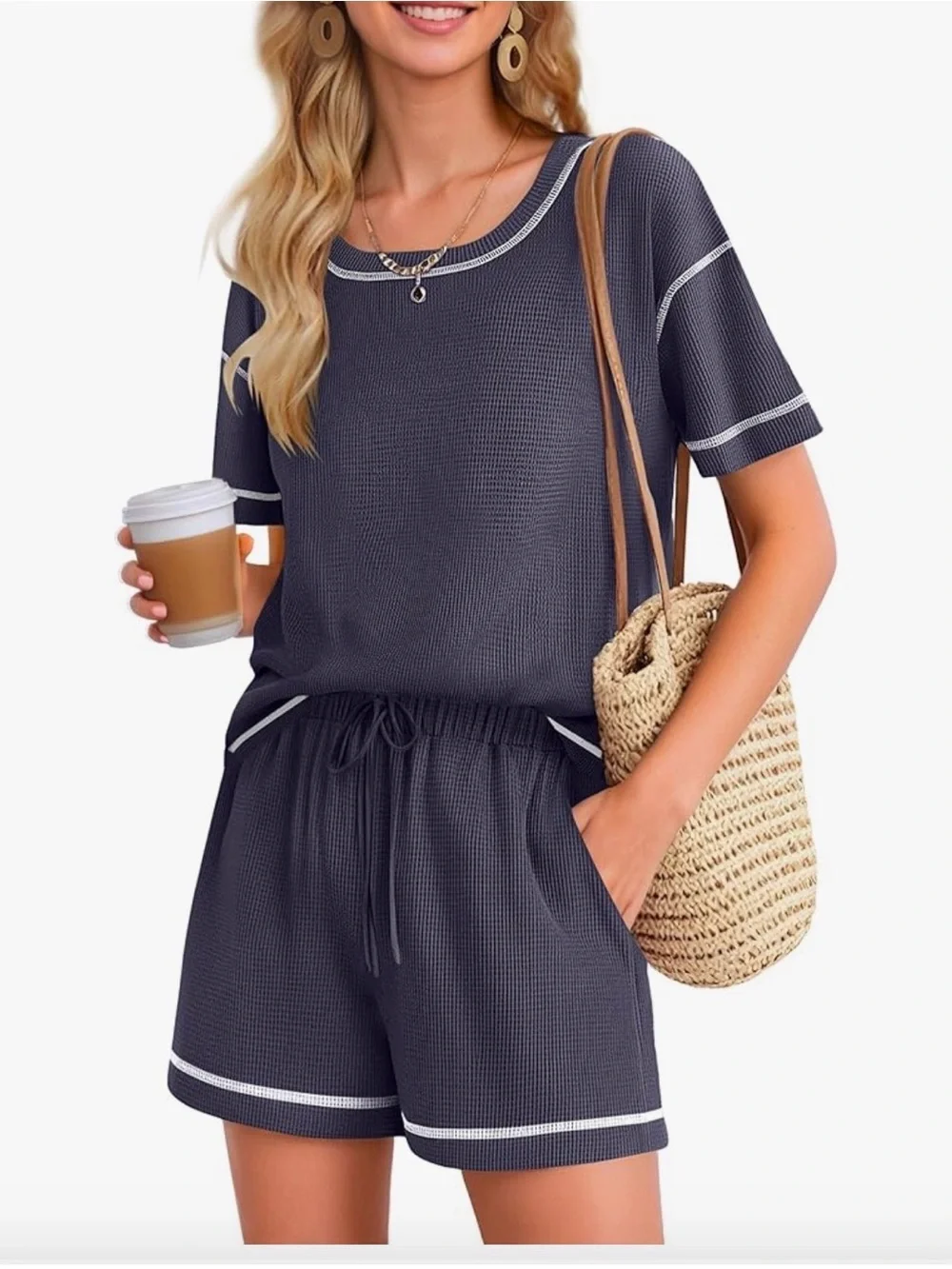 Casual Waffle Knit Navy Short Set with Contrast Trim size M